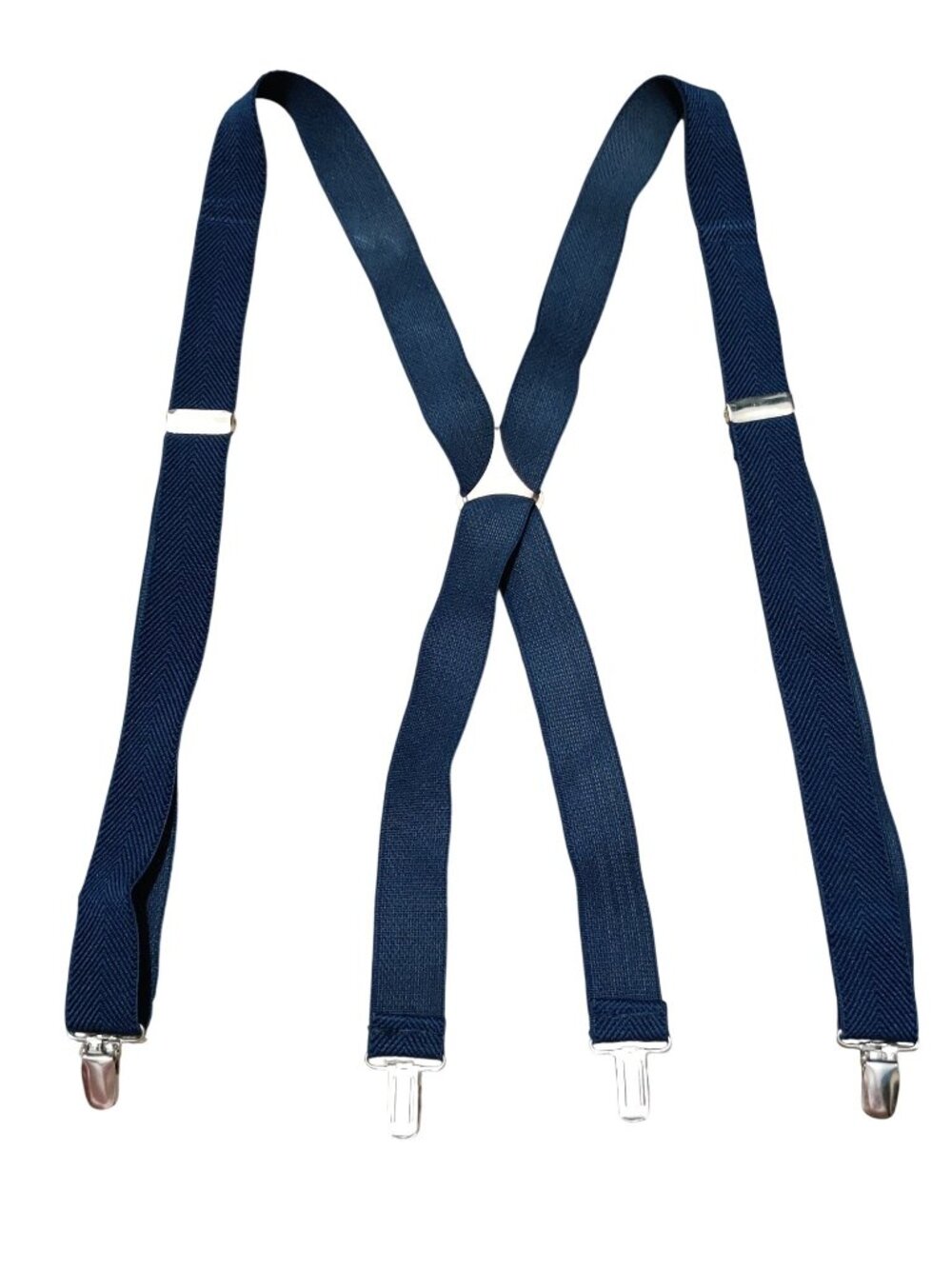 Suspenders Navy Herringbone X Back 4 Clip Adjustable Silver Tone Vintage Classic